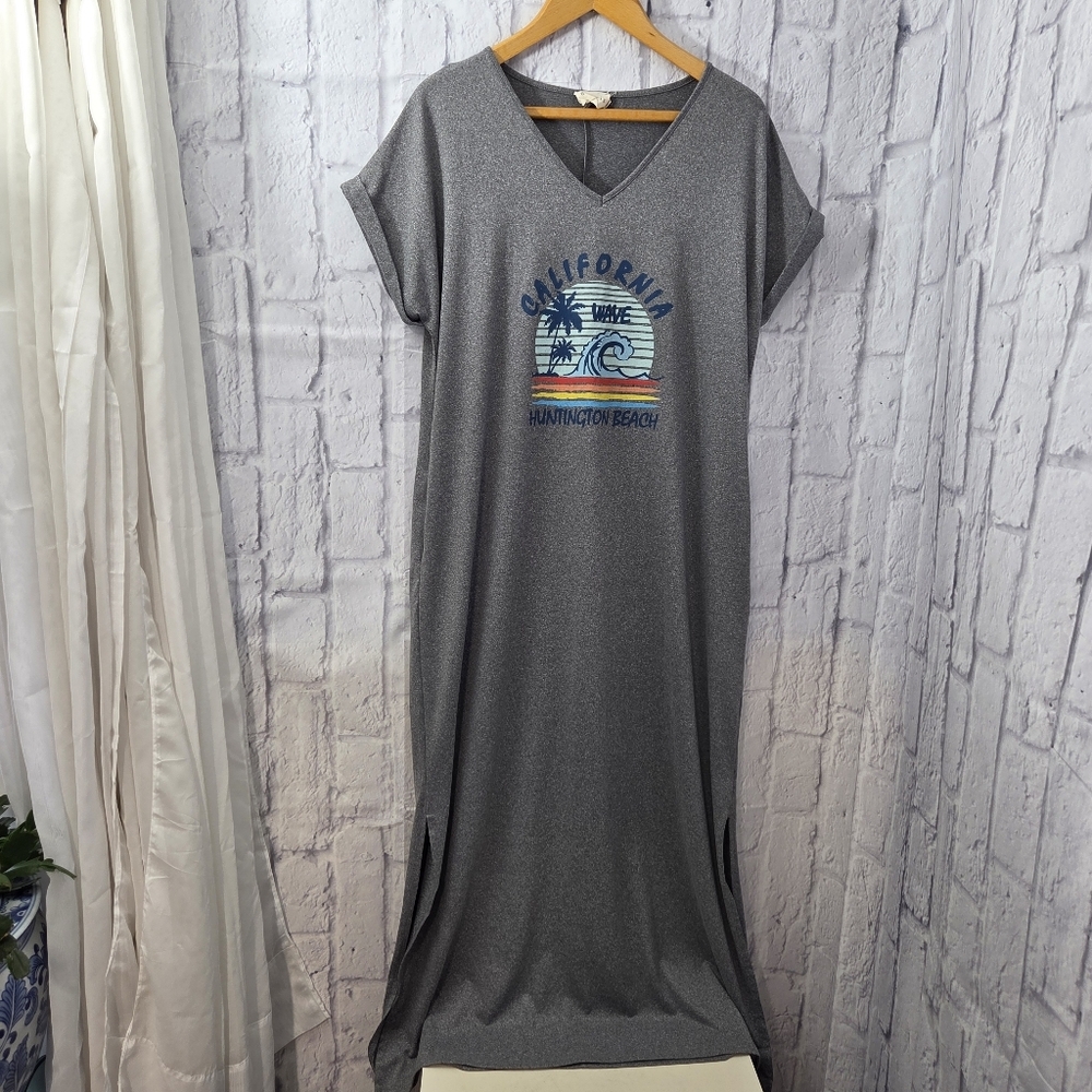Ninexis Medium Gray California Huntington Beach V Neck Short Sleeve Maxi Dress